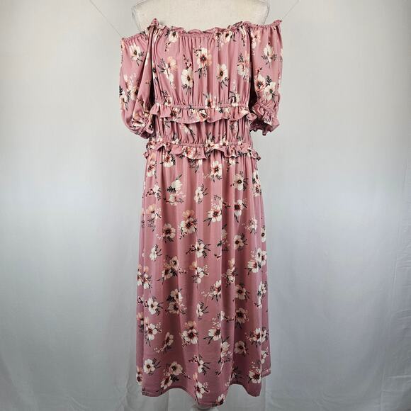 Lily Rose Pink Floral Square Neck Short Sleeve Blouson Peasant Midi Dress 1X - Picture 2 of 9